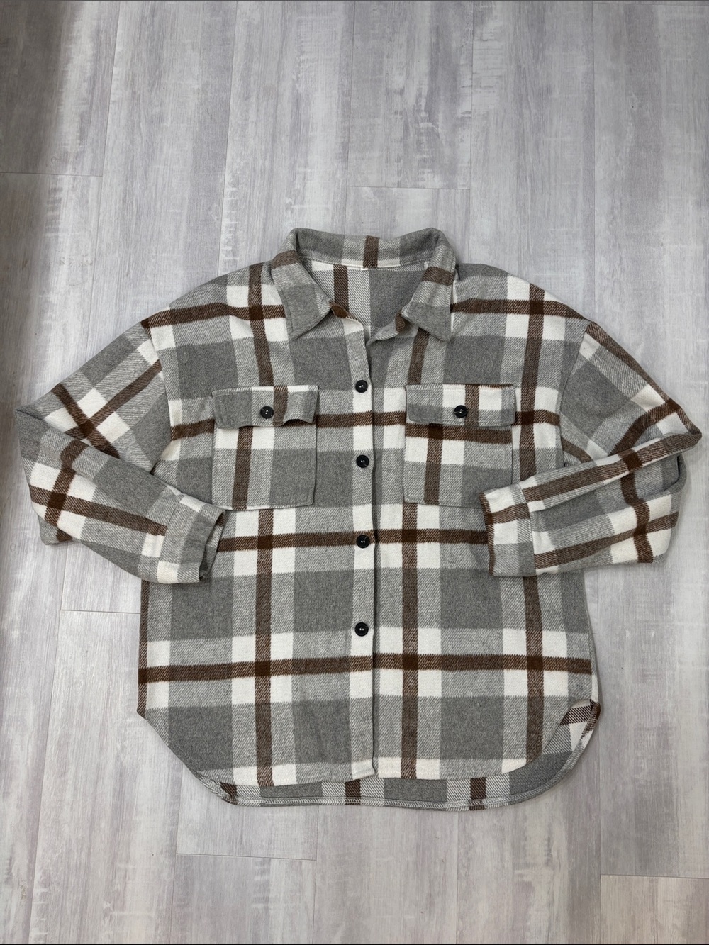 Plaid Utility Shacket in Gray, Brown & White XLarge